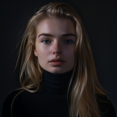 Naklejka premium Captivating skincare portrait of a 20-year-old fair-skinned European model, featuring blond hair against a soft backdrop, enhanced with a luminous filter effect and ambient studio lighting, all render