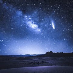 A flying comet against the background of the night starry sky with numerous constellations, a view in a semi-desert steppe area, the glow of the city beyond the horizons. Generative AI