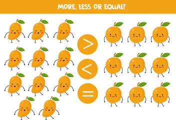 Grater, less or equal with cute cartoon kawaii mangoes and apricots.