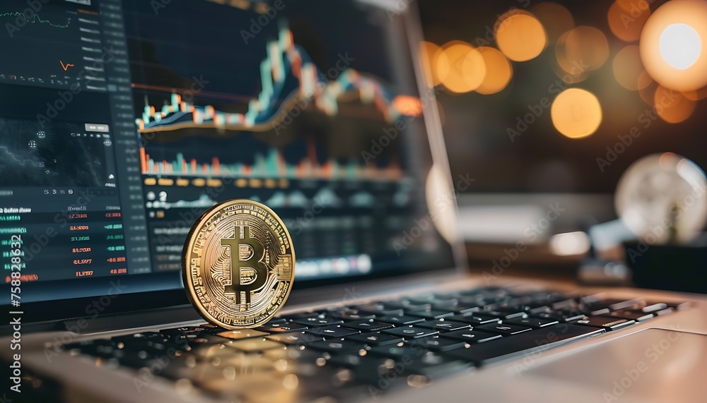 Poster bitcoin trading platform on laptop screen with graph extending to moon