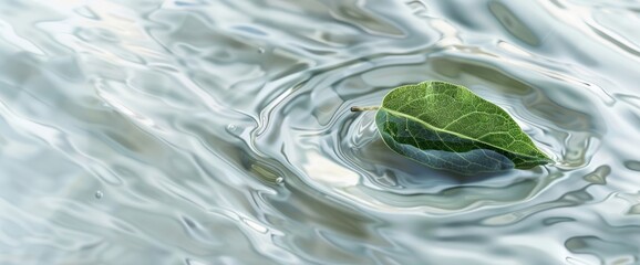 Green leaf floats on ripples of water