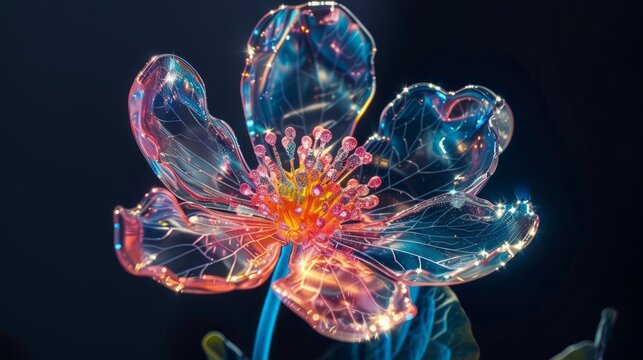 Glass or plastic flower on dark background with beautiful LED light spectrum