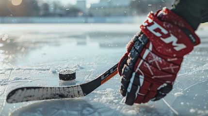 A detailed shot of a hockey stick and gloves on the ice, against a clean white background,...