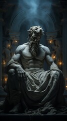 Fototapeta na wymiar Mysterious ancient greek, roman male stoic statue, sculpture in dramatic lighting, shadows highlighting the impressive muscular build and classical beauty. 