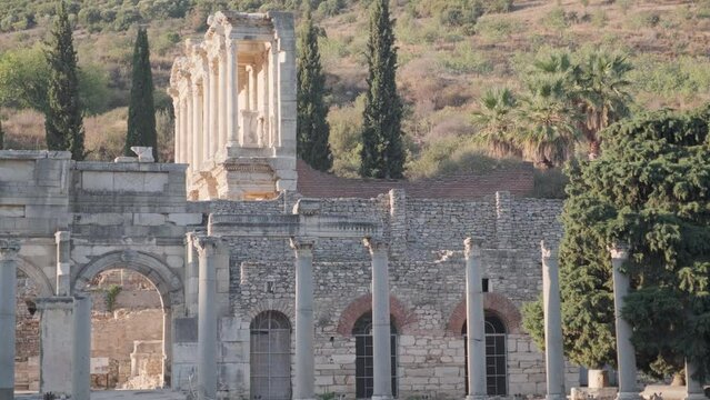 Celsus Library in ancient city Ephesus, Anatolia in Selcuk, Turkey. High quality 4k footage
