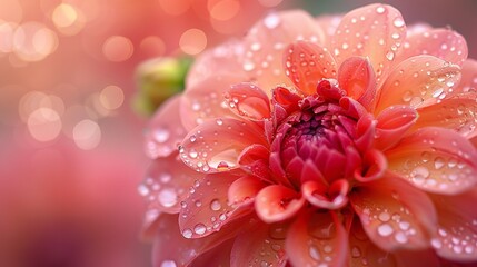 Close shot of water drops on Dalilah flower with a big space for text or product a beautiful floral backdrop, Generative AI.