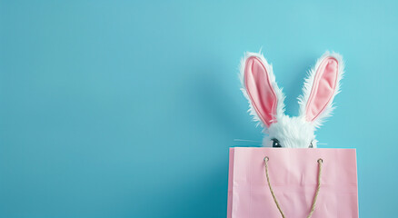 Easter bunny in shopping bag.Minimal creative Easter shopping and advertise concept.Copy space,top view.Generative AI - obrazy, fototapety, plakaty