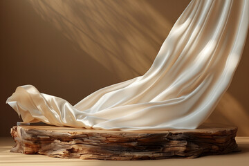 Wooden podium and satin fabric floating on brown background. Luxury product placement mockup with...