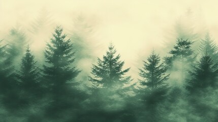 Vintage misty mountain landscape with fir forest in dark green and light gray fog retro style