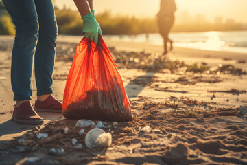 Close up of volunteer collecting garbage with plastic bag at beach. - obrazy, fototapety, plakaty