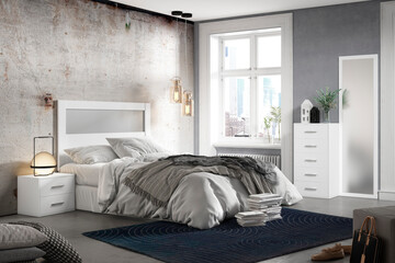 Interior design bedroom with casual furnitures mockup trending decor and augmented reality.