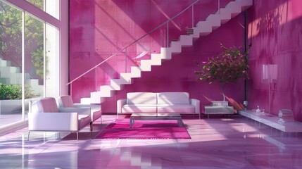 Modern living room magenta hot pink interior, digital illustration