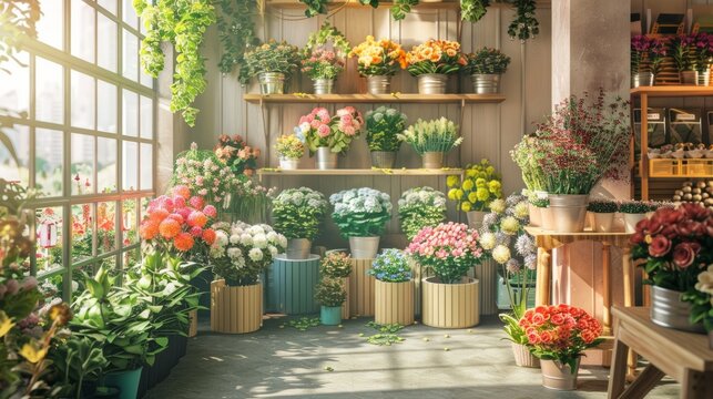 Modern and well-organized flower shop interior brimming with a diverse array of colorful flowers and lush green plants, creating a vibrant atmosphere