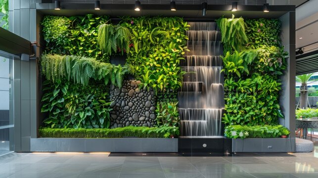 Modern gardening landscaping design details. Vertical garden indoors, living green wall with perennial plants and waterfall. Green tropical forest background. Modern open plan area with greenery