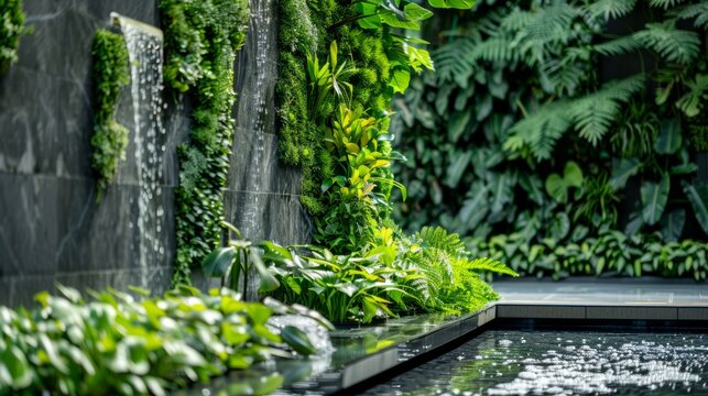 Modern gardening landscaping design details. Vertical garden indoors, living green wall with perennial plants and waterfall. Green tropical forest background. Modern open plan area with greenery