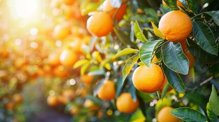 Orange garden in sunny day. Fresh ripe oranges hanging on trees in orange garden. Details of Spain