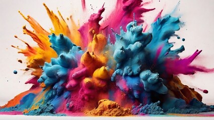 Colorful powder explosion in the vibrant multicolored spectrum of Holi colors on a white background for holi day created with generative ai