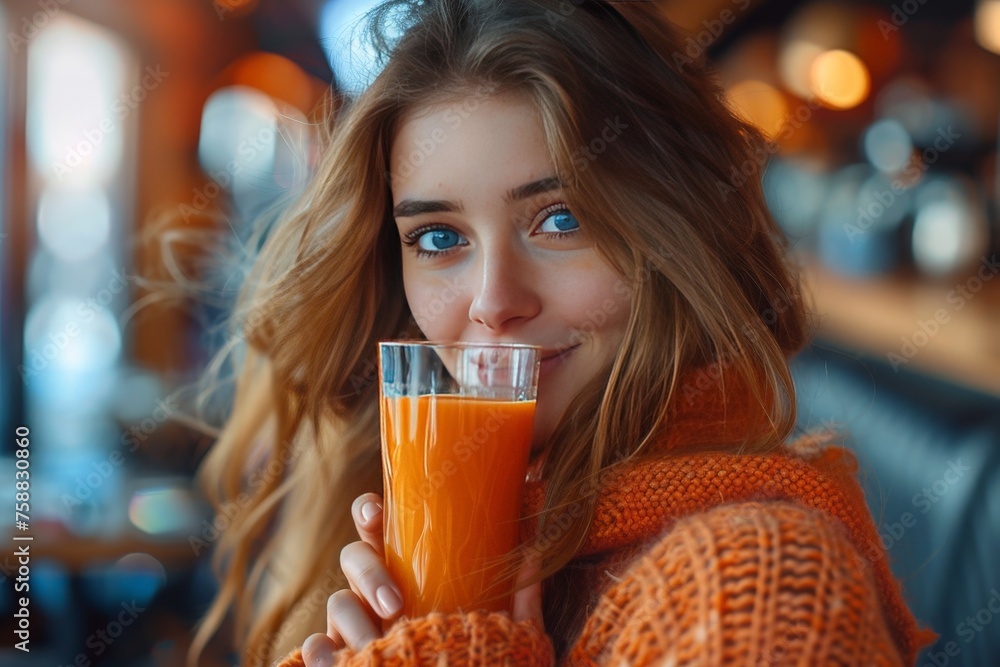 Wall mural Close up shot of a woman drinking orange juice 
