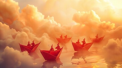 Against a backdrop of billowing clouds, a group of men sail on origami red paper boats, their vessels gracefully gliding through the serene sky.