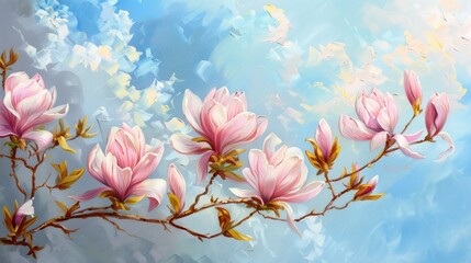 Panoramic oil painting of branch of magnolia tree with pink flowers on blue sky background