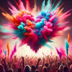 Colorful Powder Heart Shape Love Blowing Up. Holi Powder Blast on Sky, Multicolor Powder Smoke Explosion created with generative ai