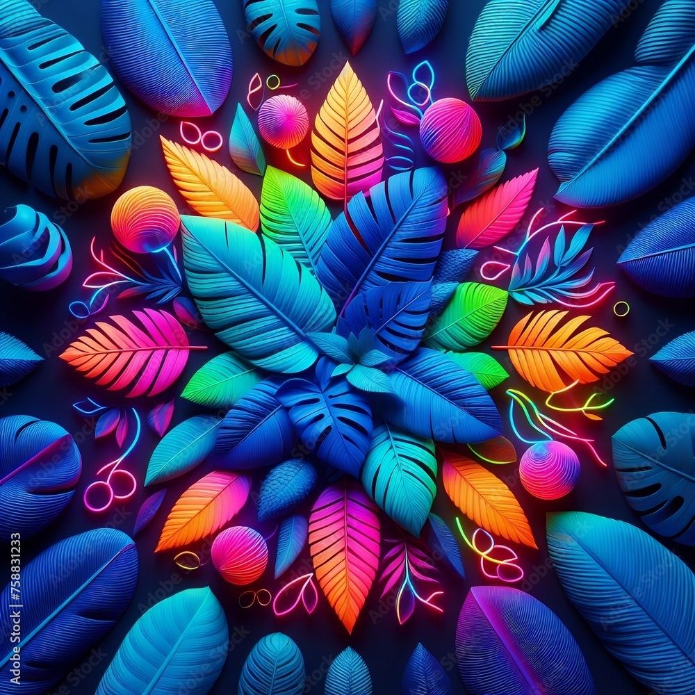 Fototapete abstract colorful background, creative fluorescent color layout made of tropical leaves. flat-lay ne