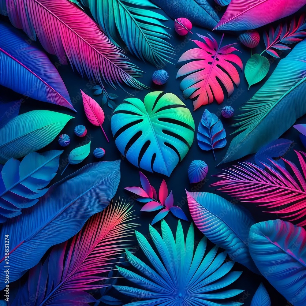 Fototapete abstract colorful background, creative fluorescent color layout made of tropical leaves. flat-lay ne