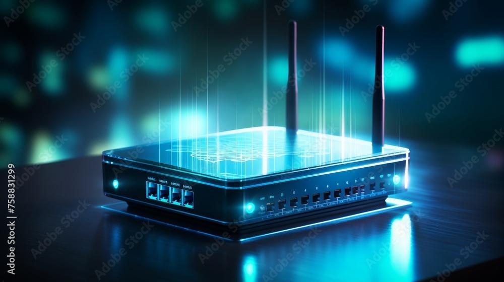 Poster high speed router hologram for secure home networks and online communication on blurred background