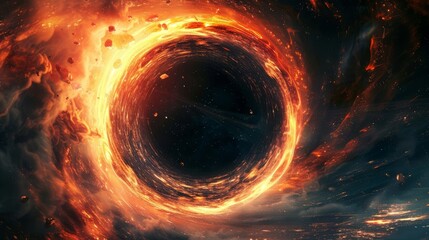 Portal to another world with a fiery glow around. Cosmic wormhole. Space travel concept. Science fiction universe exploration