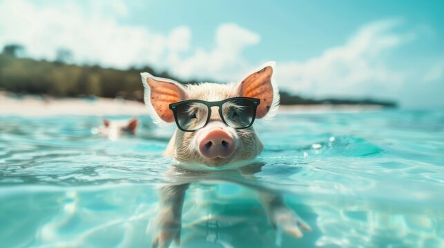 Pig in sunglasses swimming in the sea. Summer relaxation. The concept of summer tourism