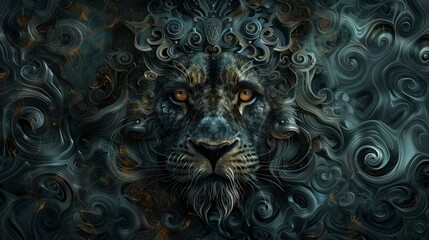 Portrait of ornate lion, mystery art, dark background, wicca symbol