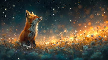 Obraz na płótnie Canvas A little fox looking up at a star filled sky