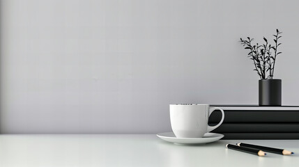 Morning Coffee Break, White Cup on Wooden Table, Bright and Cozy Atmosphere, Simple Elegance