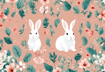 Pattern Hares Summer Spring Leaves Line Floral Easter Rabbits Little Bunnies Cute Seamless Vector Art Flowers Illustration Background Bunny Flower