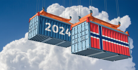 Trading 2024. Freight container with Norway national flag. 3D Rendering  - 758831679