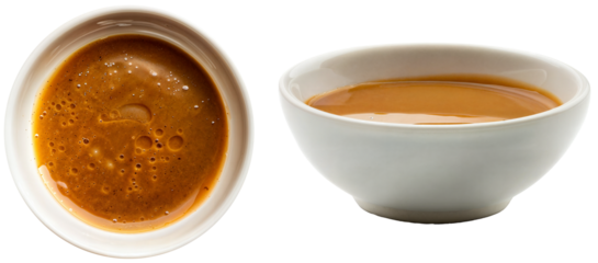 Bowl with brown peanut sauce, side and top view, isolated on a white background
