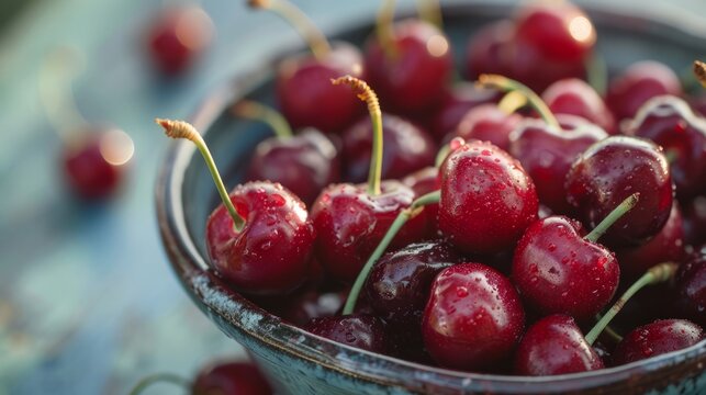 Ripe cherries in a bowl. Macro of fresh organic berries. Fruit background. Food ecology and agriculture