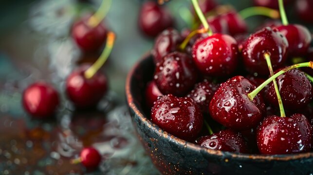 Ripe cherries in a bowl. Macro of fresh organic berries. Fruit background. Food ecology and agriculture