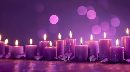 Row of purple candles with glowing light on purple background - Powered by Adobe