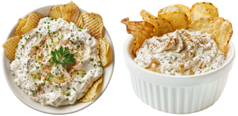 dip with caramelized onions, sour cream, mayonnaise, Worcestershire sauce, and spices, served with potato chips, isolated on a white background