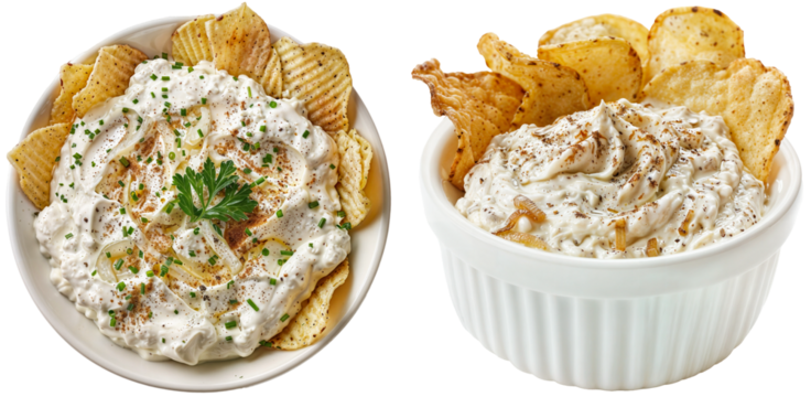 dip with caramelized onions, sour cream, mayonnaise, Worcestershire sauce, and spices, served with potato chips, isolated on a white background