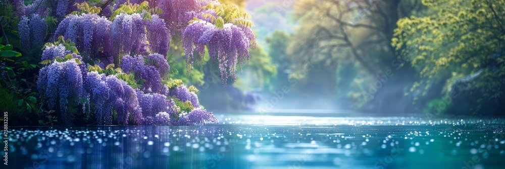 Wall mural Cascading wisteria blooms frame a tranquil lake bathed in the soft glow of dusk