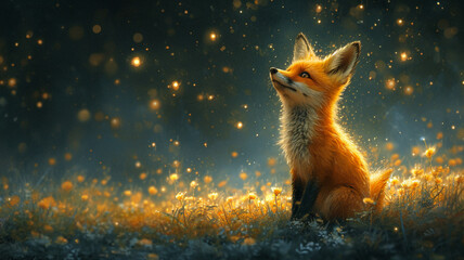 A little fox looking up at a star filled sky