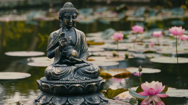 Sculpture of Buddha in the lake with lotuses. The religion of Buddhism