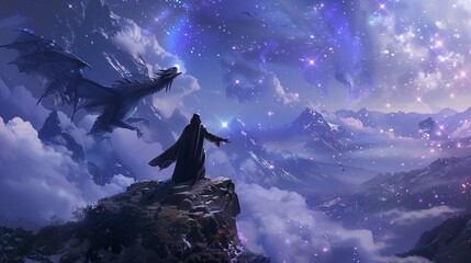 Beneath a canopy of twinkling stars, a wizard extends his hand towards his loyal dragon companion, who stands majestically on a rocky ledge against a backdrop of sweeping mountains and rolling clouds.