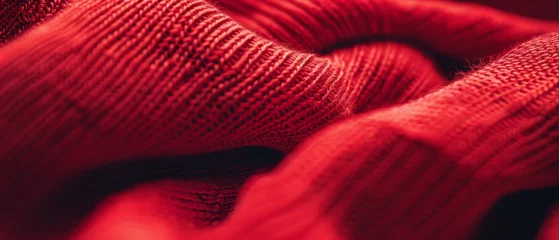 Abwaschbare Fototapete Luxurious red knit texture creates a comforting and warm fabric landscape. © Ai Studio
