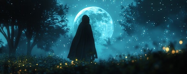 A mysterious wizard, cloak, casting spells, standing in a mystical forest, under a full moon, 3D render, silhouette lighting, bokeh effect - obrazy, fototapety, plakaty