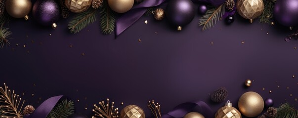 violet and golden christmas tree decoration banner - obrazy, fototapety, plakaty
