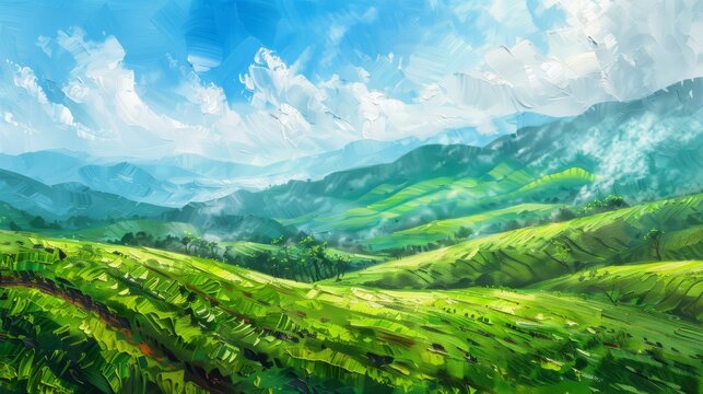 Semi-abstract oil painting of tea plantation in Thailand. Panorama mountainous countryside. Asian green landscape