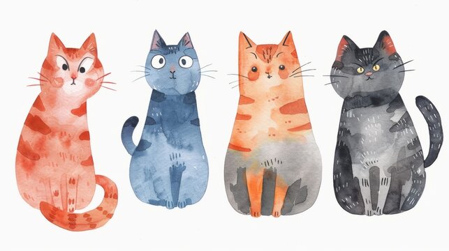 Set of funny cartoon cats clipart. Isolated watercolor illustrations